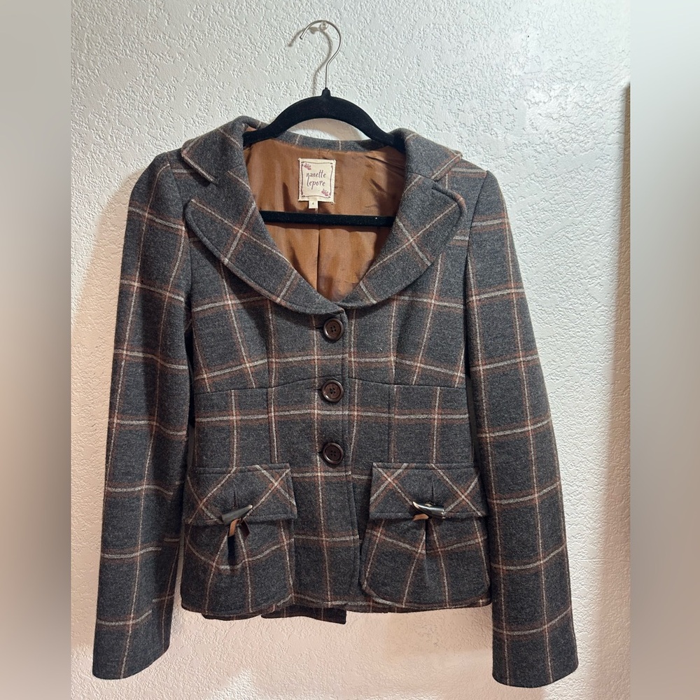 Nanette Lepore Plaid Wool Blazer‎ Coat Preppy